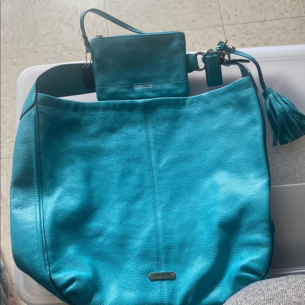 Coach Blue Leather Shoulder Bag with Tassel Detail